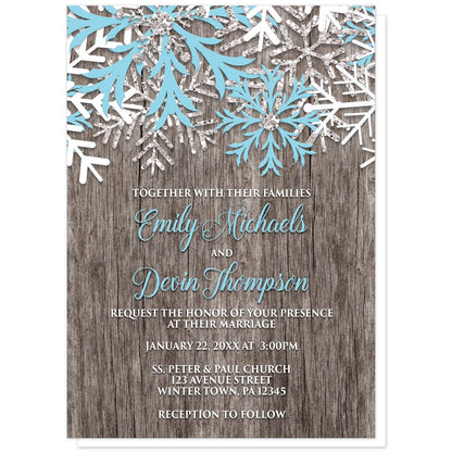 Rustic Winter Wood Blue Snowflake Wedding Invitations at Artistically Invited. Country-inspired rustic winter wood blue snowflake wedding invitations designed with light blue, white, and silver-colored glitter-illustrated snowflakes along the top over a rustic wood pattern illustration. Your personalized marriage celebration details are custom printed in light blue and white over the wood background below the snowflakes.