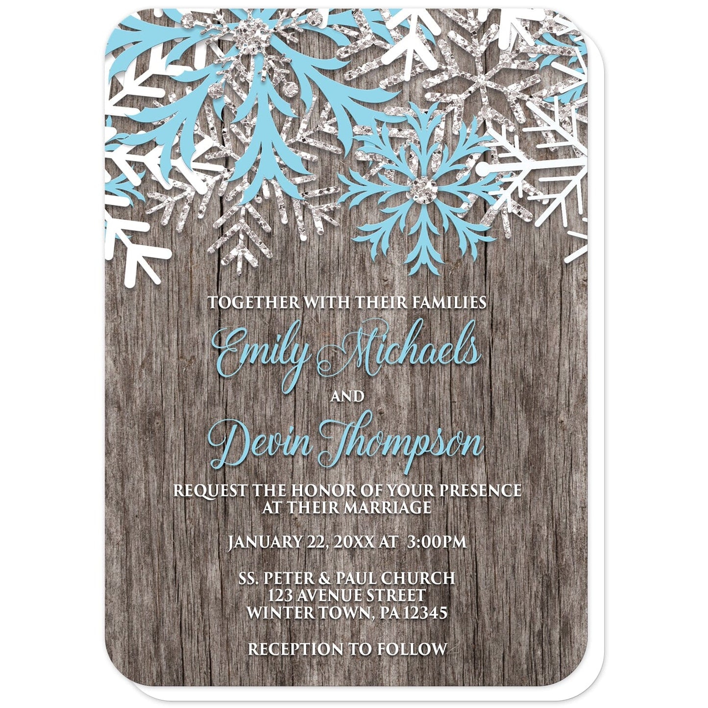 Rustic Winter Wood Blue Snowflake Wedding Invitations (with rounded corners) at Artistically Invited. Country-inspired rustic winter wood blue snowflake wedding invitations designed with light blue, white, and silver-colored glitter-illustrated snowflakes along the top over a rustic wood pattern illustration. Your personalized marriage celebration details are custom printed in light blue and white over the wood background below the snowflakes.
