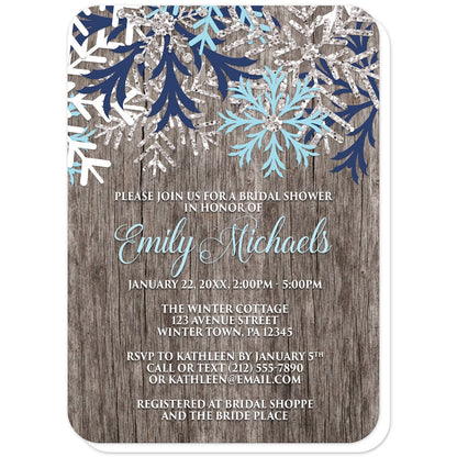 Rustic Winter Wood Navy Aqua Snowflake Bridal Shower Invitations (with rounded corners) at Artistically Invited. Country-inspired rustic winter wood navy aqua snowflake bridal shower invitations designed with light aqua blue, navy blue, white, and silver-colored glitter-illustrated snowflakes along the top over a rustic wood pattern illustration. Your personalized bridal shower celebration details are custom printed in aqua blue and white over the wood background below the snowflakes.