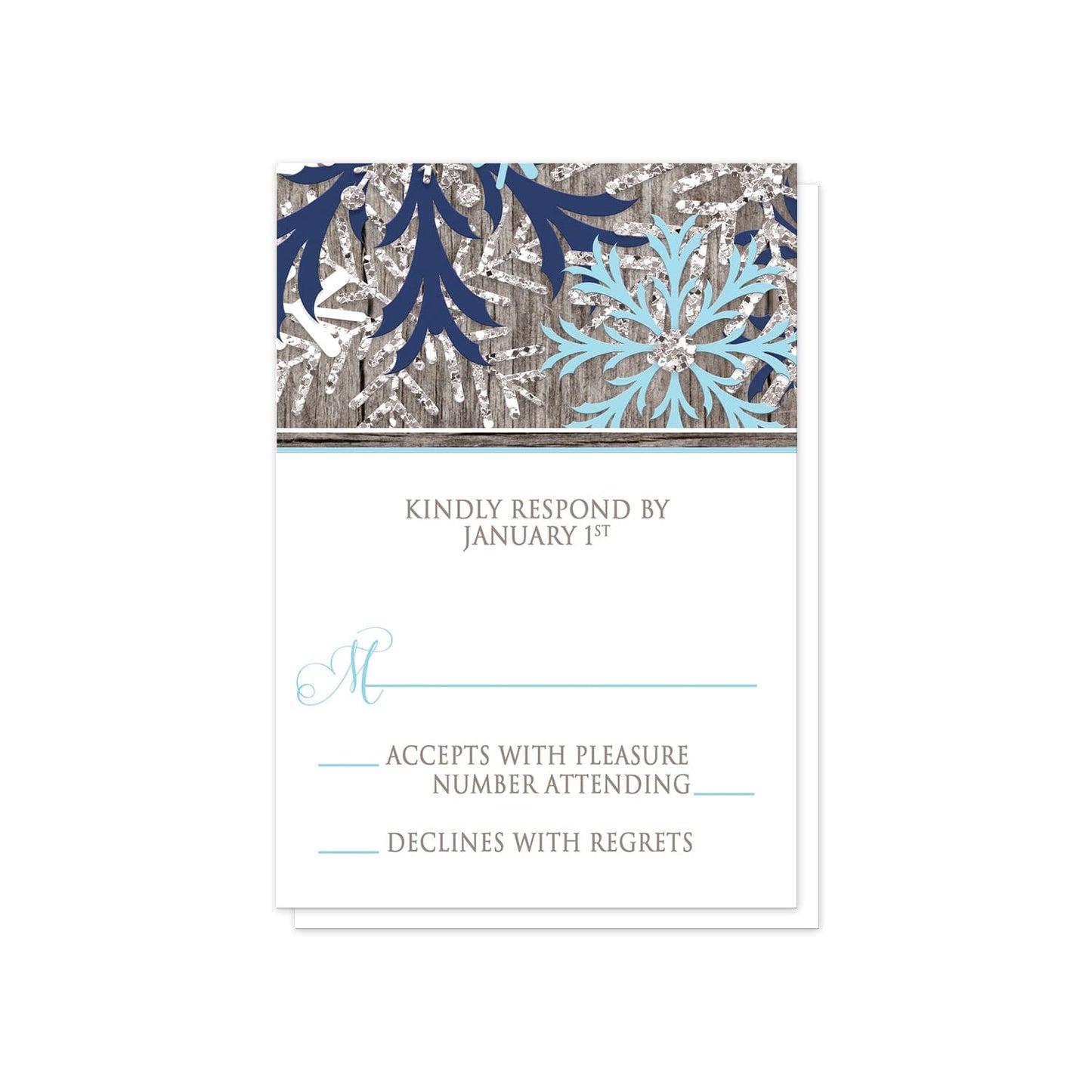 Rustic Winter Wood Navy Aqua Snowflake RSVP Cards at Artistically Invited.