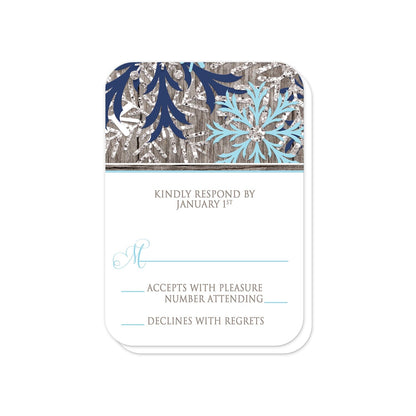 Rustic Winter Wood Navy Aqua Snowflake RSVP Cards (with rounded corners) at Artistically Invited.