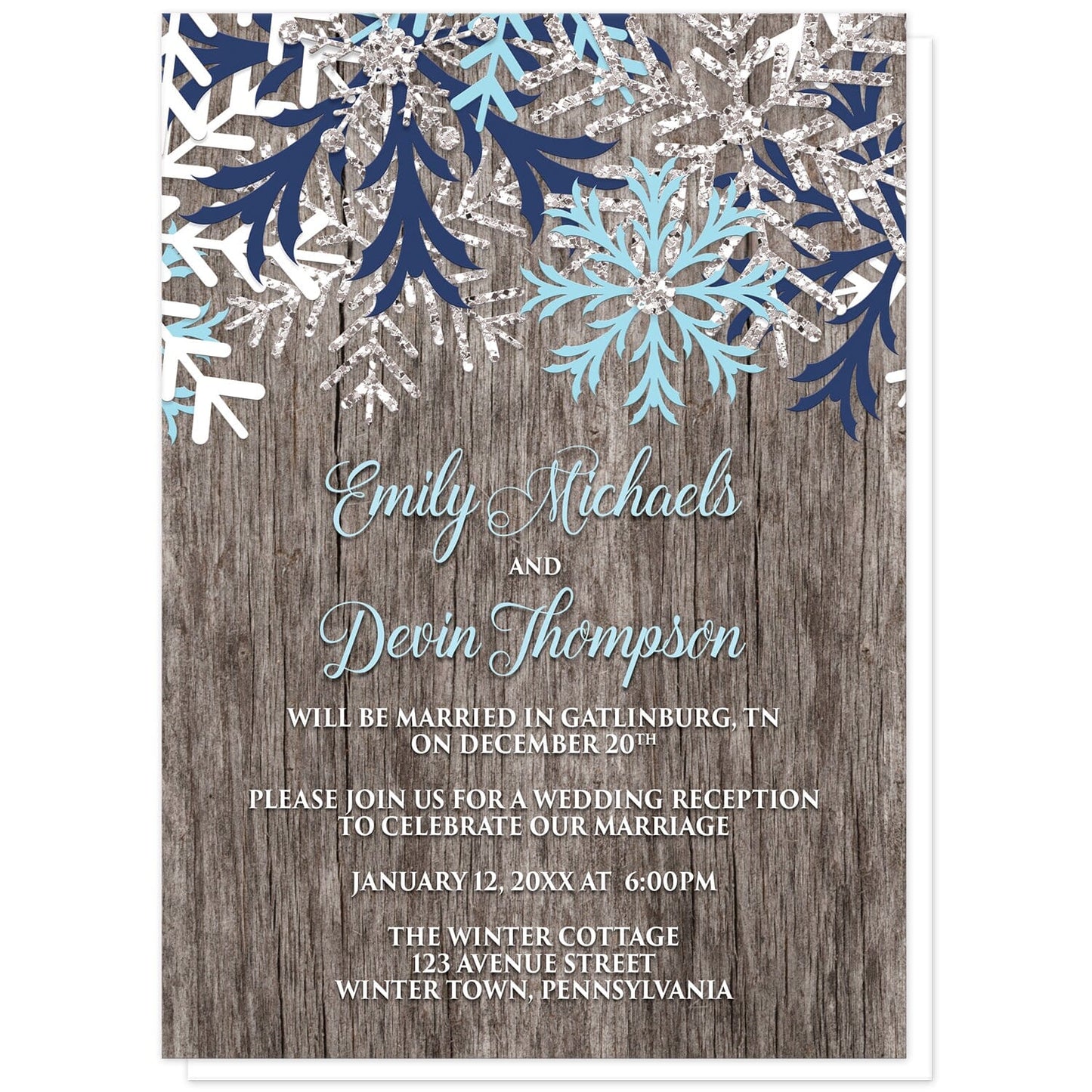 Rustic Winter Wood Navy Aqua Snowflake Reception Only Invitations at Artistically Invited. Country-inspired rustic winter wood navy aqua snowflake reception only invitations designed with light aqua blue, navy blue, white, and silver-colored glitter-illustrated snowflakes along the top over a rustic wood pattern illustration. Your personalized post-wedding reception details are custom printed in aqua blue and white over the wood background below the snowflakes.