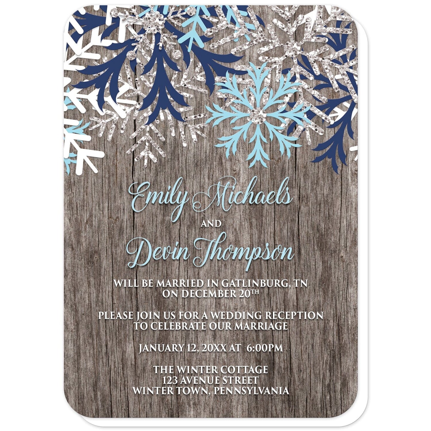 Rustic Winter Wood Navy Aqua Snowflake Reception Only Invitations (with rounded corners) at Artistically Invited. Country-inspired rustic winter wood navy aqua snowflake reception only invitations designed with light aqua blue, navy blue, white, and silver-colored glitter-illustrated snowflakes along the top over a rustic wood pattern illustration. Your personalized post-wedding reception details are custom printed in aqua blue and white over the wood background below the snowflakes.