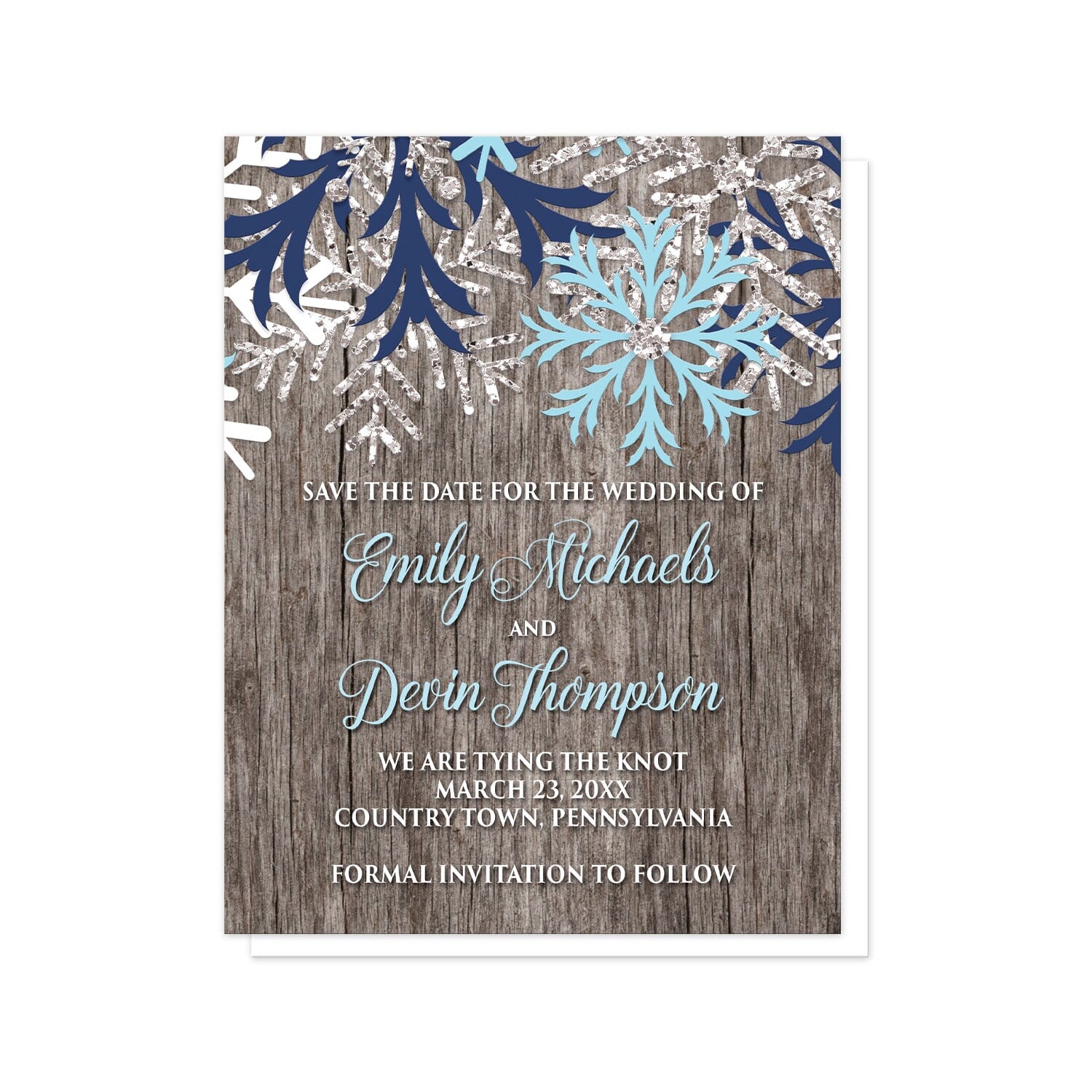 Rustic Winter Wood Navy Aqua Snowflake Save the Date Cards at Artistically Invited. Country-inspired rustic winter wood navy aqua snowflake save the date cards designed with light aqua blue, navy blue, white, and silver-colored glitter-illustrated snowflakes along the top over a rustic wood pattern illustration. Your personalized wedding date details are custom printed in aqua blue and white over the wood background below the snowflakes.