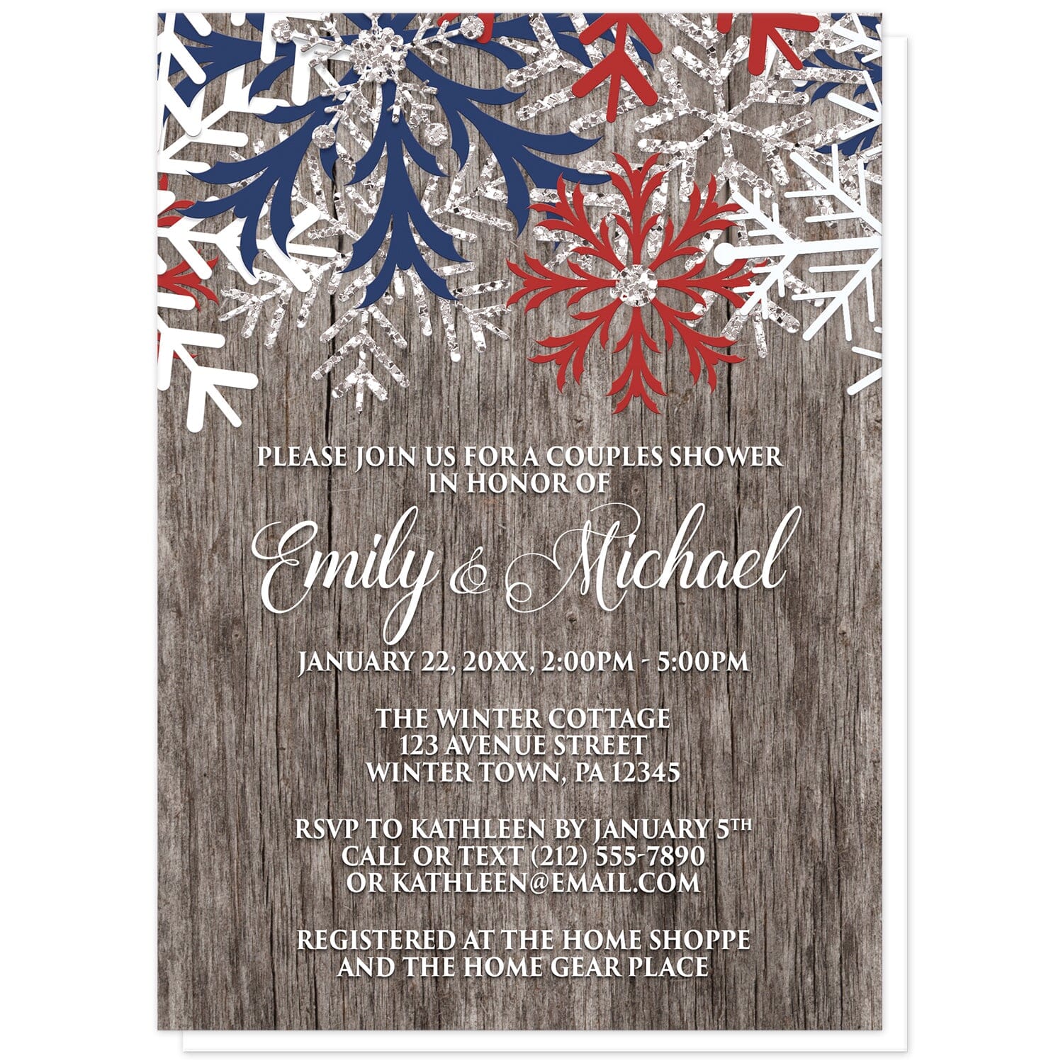 Rustic Winter Wood Navy Maroon Snowflake Couples Shower Invitations at Artistically Invited. Country-inspired rustic winter wood navy maroon snowflake couples shower invitations designed with maroon red, navy blue, white, and silver-colored glitter-illustrated snowflakes along the top over a rustic wood pattern illustration. Your personalized couples shower celebration details are custom printed in white over the wood background below the snowflakes.