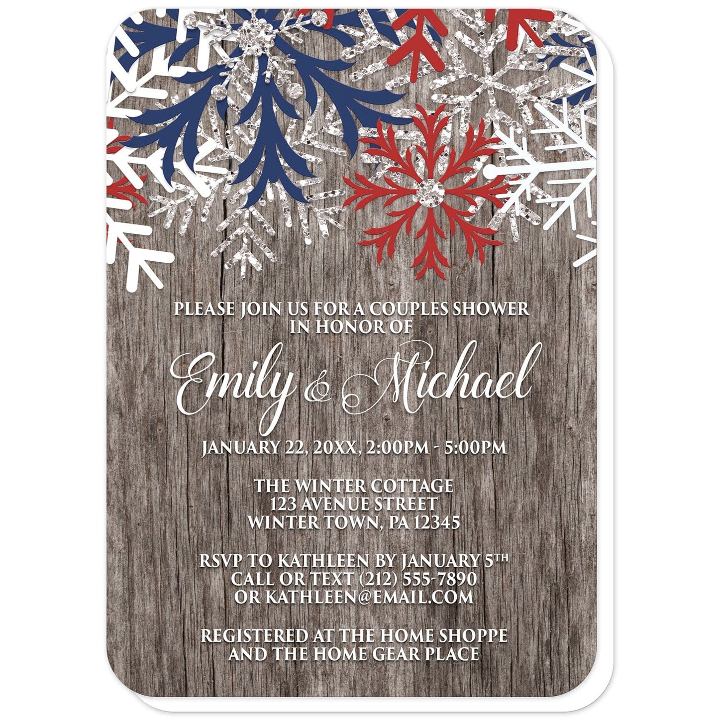 Rustic Winter Wood Navy Maroon Snowflake Couples Shower Invitations (with rounded corners) at Artistically Invited. Country-inspired rustic winter wood navy maroon snowflake couples shower invitations designed with maroon red, navy blue, white, and silver-colored glitter-illustrated snowflakes along the top over a rustic wood pattern illustration. Your personalized couples shower celebration details are custom printed in white over the wood background below the snowflakes.
