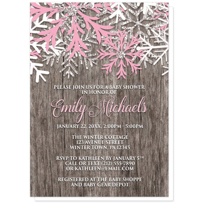 Rustic Winter Wood Pink Snowflake Baby Shower Invitations at Artistically Invited. Country-inspired rustic winter wood pink snowflake baby shower invitations designed with pink, white, and silver-colored glitter-illustrated snowflakes along the top over a rustic wood pattern illustration. Your personalized baby shower celebration details are custom printed in pink and white over the wood background below the snowflakes.
