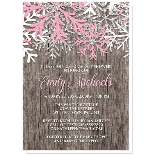 Rustic Winter Wood Pink Snowflake Baby Shower Invitations at Artistically Invited. Country-inspired rustic winter wood pink snowflake baby shower invitations designed with pink, white, and silver-colored glitter-illustrated snowflakes along the top over a rustic wood pattern illustration. Your personalized baby shower celebration details are custom printed in pink and white over the wood background below the snowflakes.