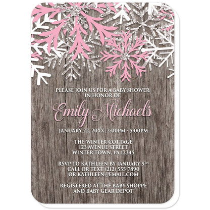 Rustic Winter Wood Pink Snowflake Baby Shower Invitations (with rounded corners) at Artistically Invited. Country-inspired rustic winter wood pink snowflake baby shower invitations designed with pink, white, and silver-colored glitter-illustrated snowflakes along the top over a rustic wood pattern illustration. Your personalized baby shower celebration details are custom printed in pink and white over the wood background below the snowflakes.