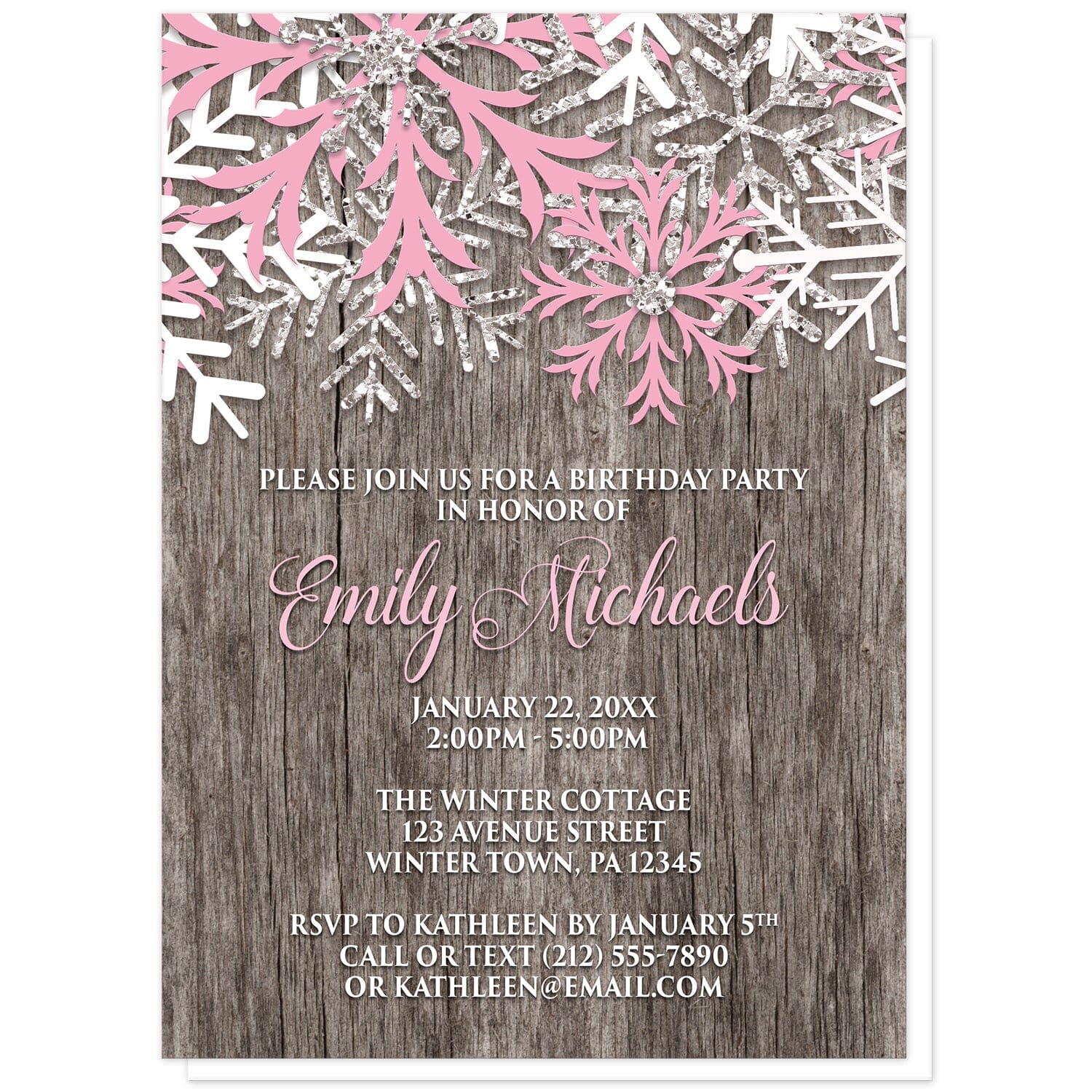 Rustic Winter Wood Pink Snowflake Birthday Invitations at Artistically Invited. Country-inspired rustic winter wood pink snowflake birthday invitations designed with pink, white, and silver-colored glitter-illustrated snowflakes along the top over a rustic wood pattern illustration. Your personalized birthday party details are custom printed in pink and white over the wood background below the snowflakes.