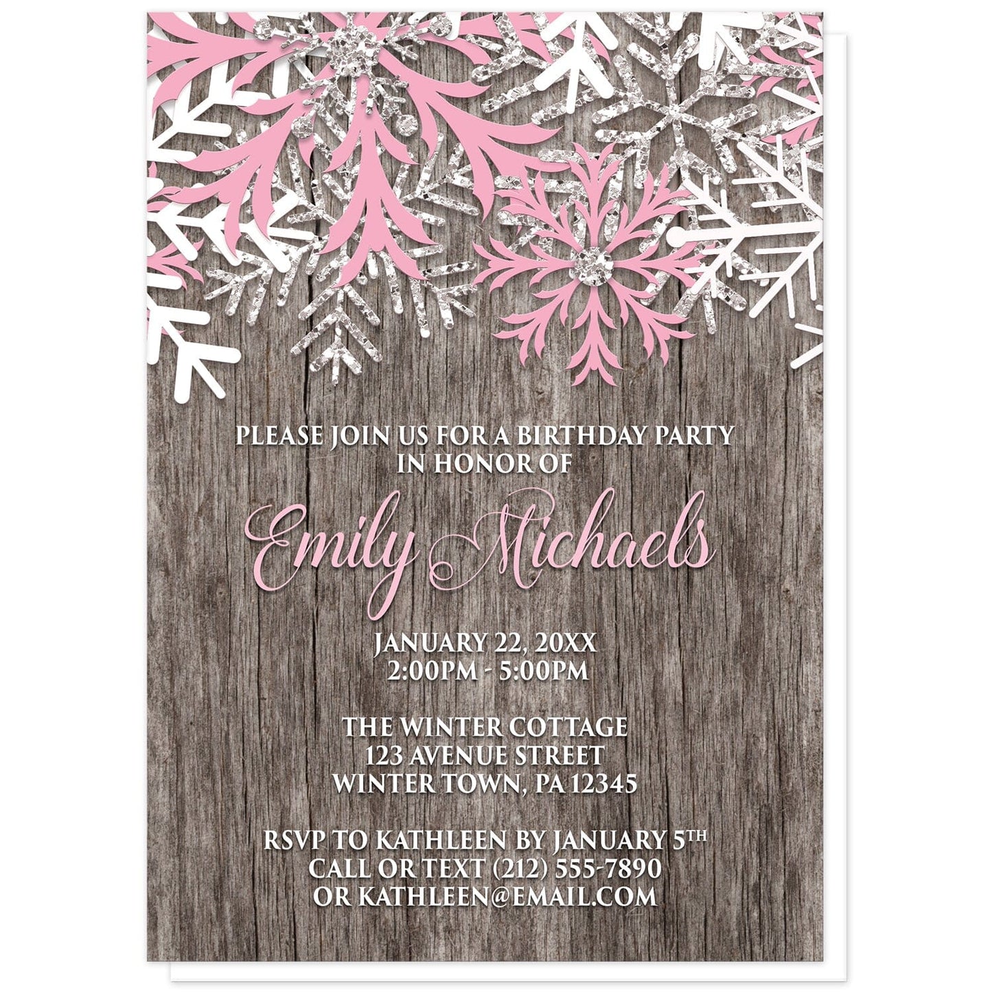 Rustic Winter Wood Pink Snowflake Birthday Invitations at Artistically Invited. Country-inspired rustic winter wood pink snowflake birthday invitations designed with pink, white, and silver-colored glitter-illustrated snowflakes along the top over a rustic wood pattern illustration. Your personalized birthday party details are arranged in pink and white over the wood background below the snowflakes.