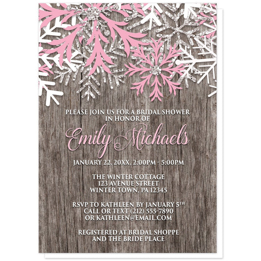 Rustic Winter Wood Pink Snowflake Bridal Shower Invitations at Artistically Invited. Country-inspired rustic winter wood pink snowflake bridal shower invitations designed with pink, white, and silver-colored glitter-illustrated snowflakes along the top over a rustic wood pattern illustration. Your personalized bridal shower celebration details are custom printed in pink and white over the wood background below the snowflakes.