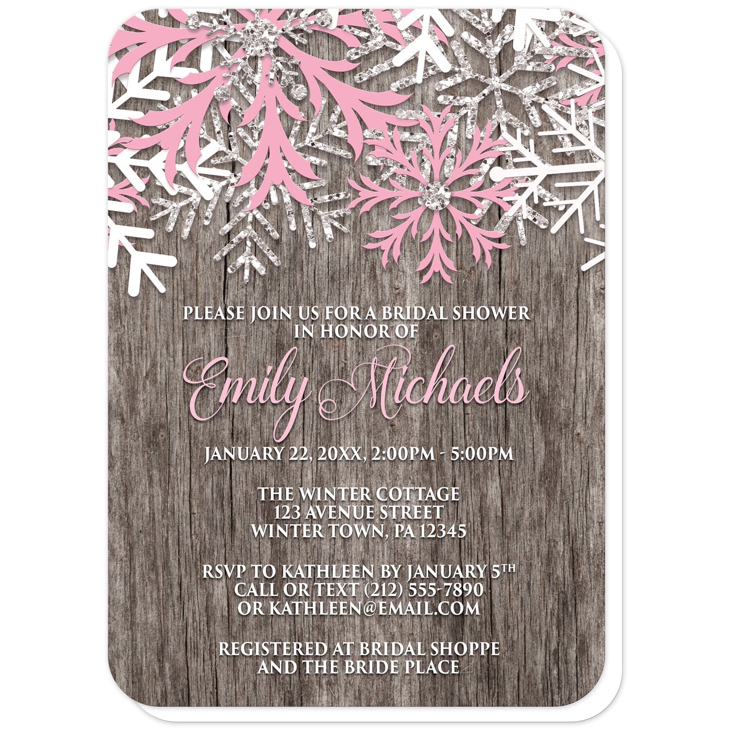 Rustic Winter Wood Pink Snowflake Bridal Shower Invitations (with rounded corners)  at Artistically Invited. Country-inspired rustic winter wood pink snowflake bridal shower invitations designed with pink, white, and silver-colored glitter-illustrated snowflakes along the top over a rustic wood pattern illustration. Your personalized bridal shower celebration details are custom printed in pink and white over the wood background below the snowflakes.