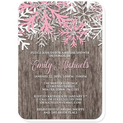Rustic Winter Wood Pink Snowflake Bridal Shower Invitations (with rounded corners)  at Artistically Invited. Country-inspired rustic winter wood pink snowflake bridal shower invitations designed with pink, white, and silver-colored glitter-illustrated snowflakes along the top over a rustic wood pattern illustration. Your personalized bridal shower celebration details are custom printed in pink and white over the wood background below the snowflakes.
