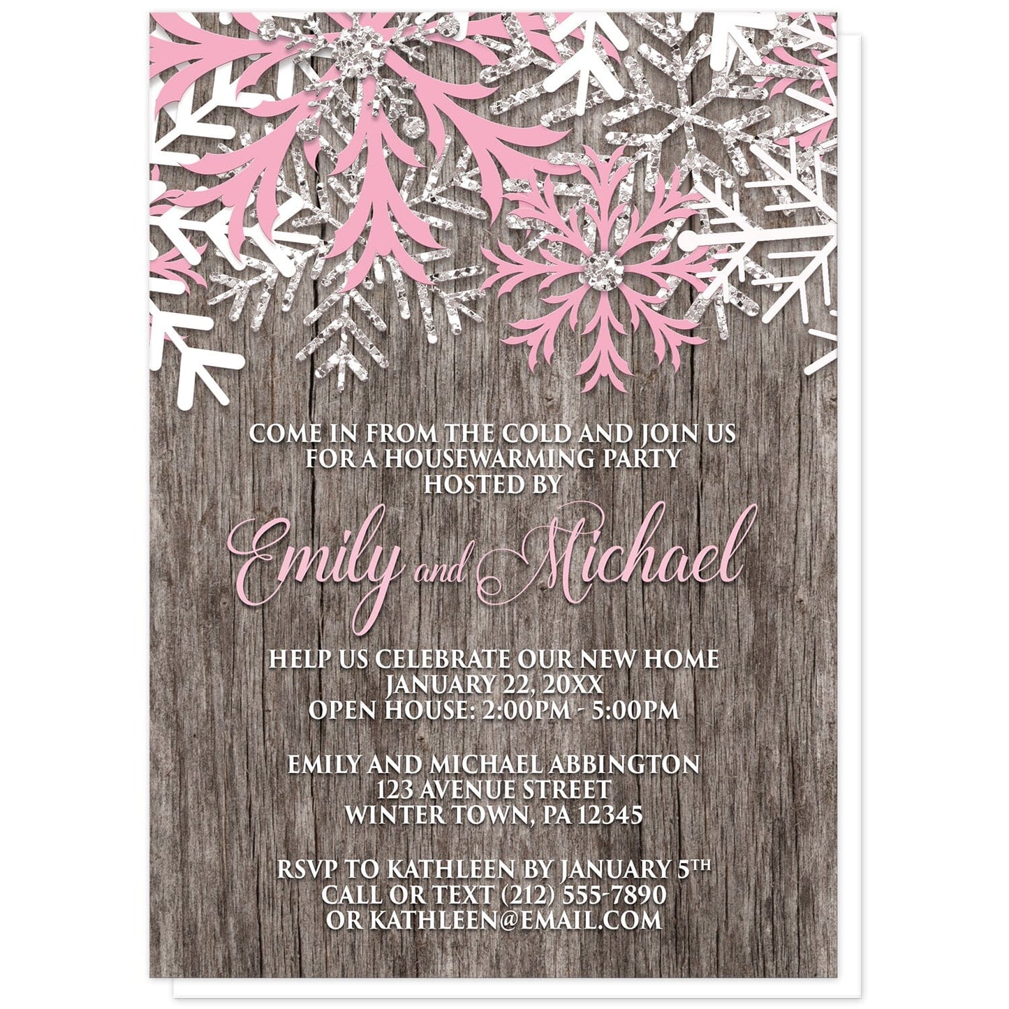 Rustic Winter Wood Pink Snowflake Housewarming Invitations at Artistically Invited. Country-inspired rustic winter wood pink snowflake housewarming invitations designed with pink, white, and silver-colored glitter-illustrated snowflakes along the top over a rustic wood pattern illustration. Your personalized housewarming celebration details are custom printed in pink and white over the wood background below the snowflakes.