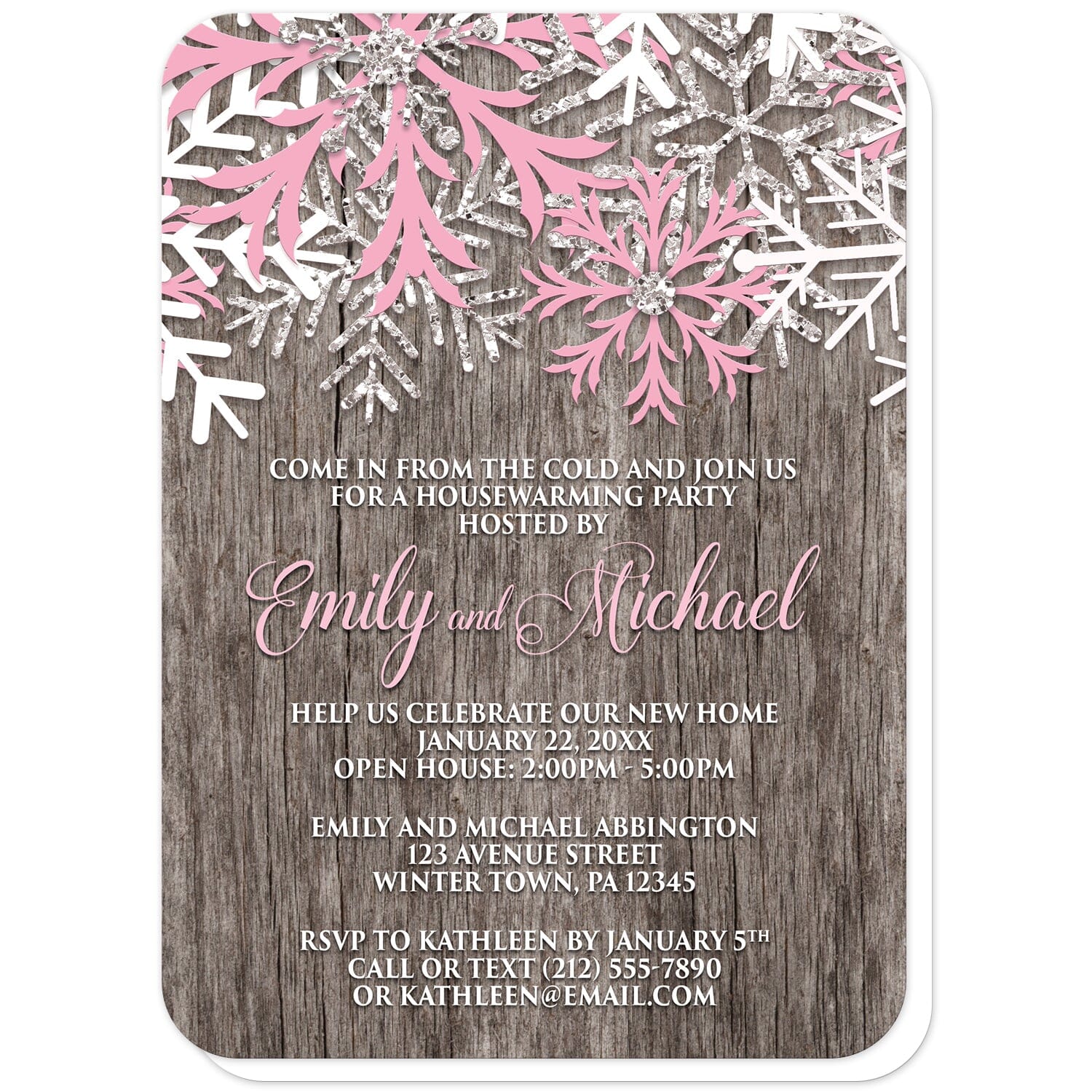 Rustic Winter Wood Pink Snowflake Housewarming Invitations (with rounded corners) at Artistically Invited. Country-inspired rustic winter wood pink snowflake housewarming invitations designed with pink, white, and silver-colored glitter-illustrated snowflakes along the top over a rustic wood pattern illustration. Your personalized housewarming celebration details are custom printed in pink and white over the wood background below the snowflakes.