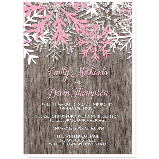 Rustic Winter Wood Pink Snowflake Reception Only Invitations at Artistically Invited. Country-inspired rustic winter wood pink snowflake reception only invitations designed with pink, white, and silver-colored glitter-illustrated snowflakes along the top over a rustic wood pattern illustration. Your personalized post-wedding reception details are custom printed in pink and white over the wood background below the snowflakes.