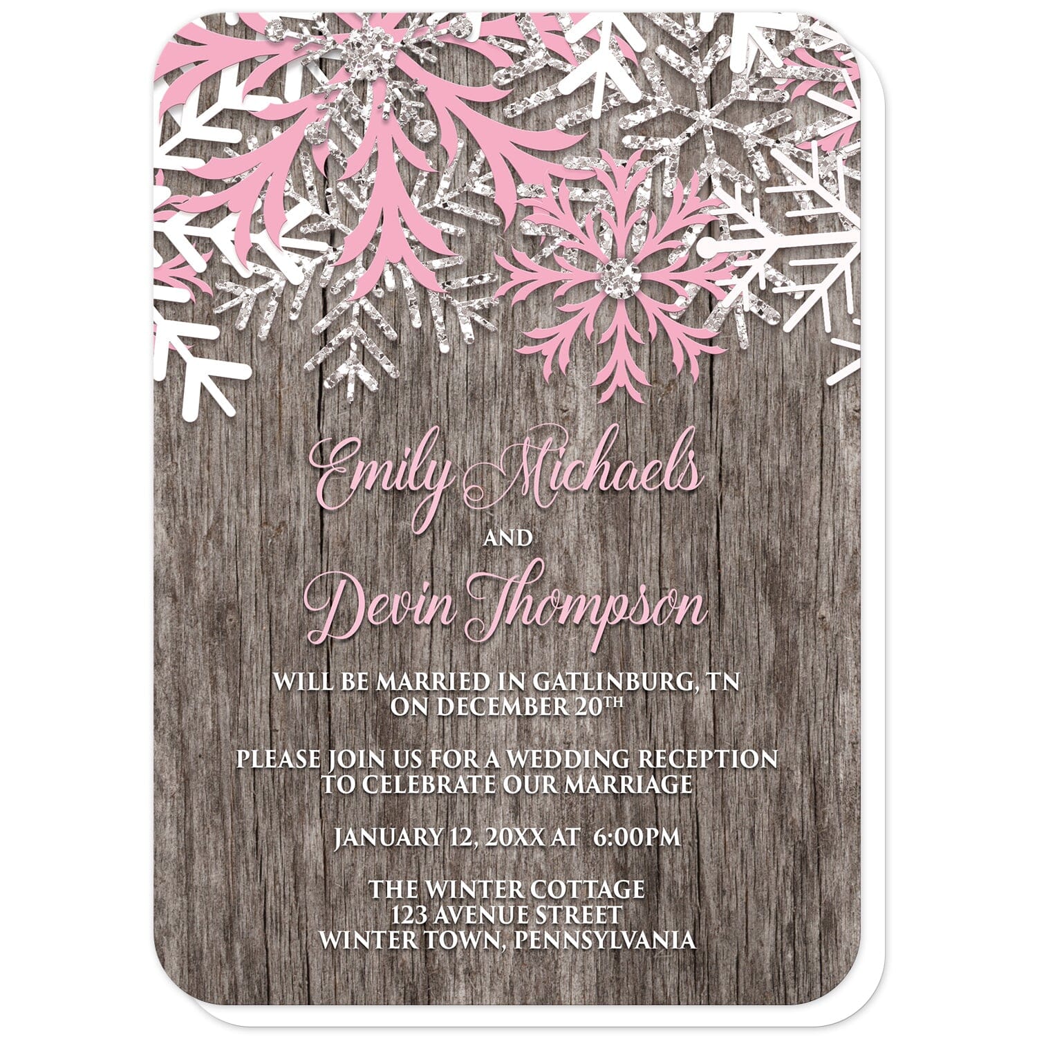 Rustic Winter Wood Pink Snowflake Reception Only Invitations (with rounded corners) at Artistically Invited. Country-inspired rustic winter wood pink snowflake reception only invitations designed with pink, white, and silver-colored glitter-illustrated snowflakes along the top over a rustic wood pattern illustration. Your personalized post-wedding reception details are custom printed in pink and white over the wood background below the snowflakes.