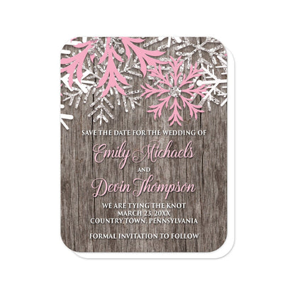 Rustic Winter Wood Pink Snowflake Save the Date Cards (with rounded corners) at Artistically Invited. Country-inspired rustic winter wood pink snowflake save the date cards designed with pink, white, and silver-colored glitter-illustrated snowflakes along the top over a rustic wood pattern illustration. Your personalized wedding date details are custom printed in pink and white over the wood background below the snowflakes.