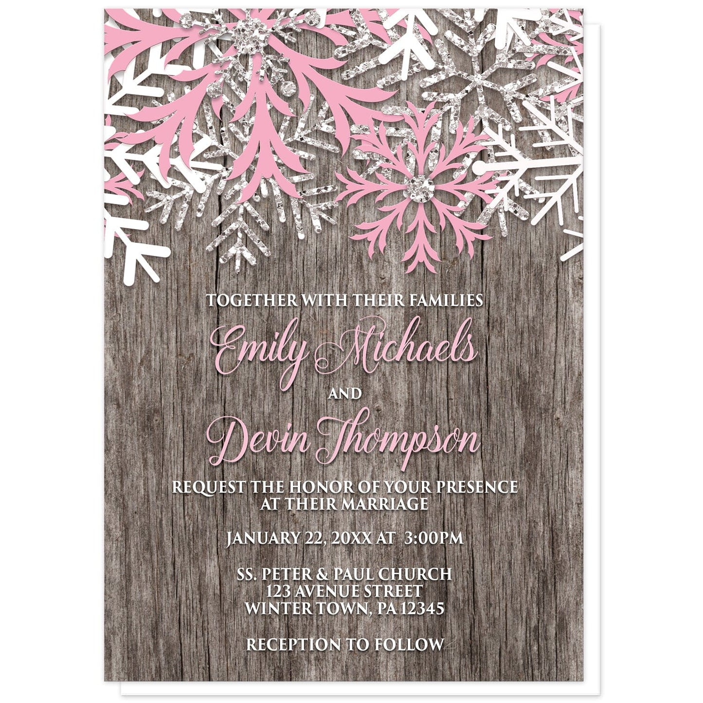 Rustic Winter Wood Pink Snowflake Wedding Invitations at Artistically Invited. Country-inspired rustic winter wood pink snowflake wedding invitations designed with pink, white, and silver-colored glitter-illustrated snowflakes along the top over a rustic wood pattern illustration. Your personalized marriage celebration details are custom printed in pink and white over the wood background below the snowflakes.