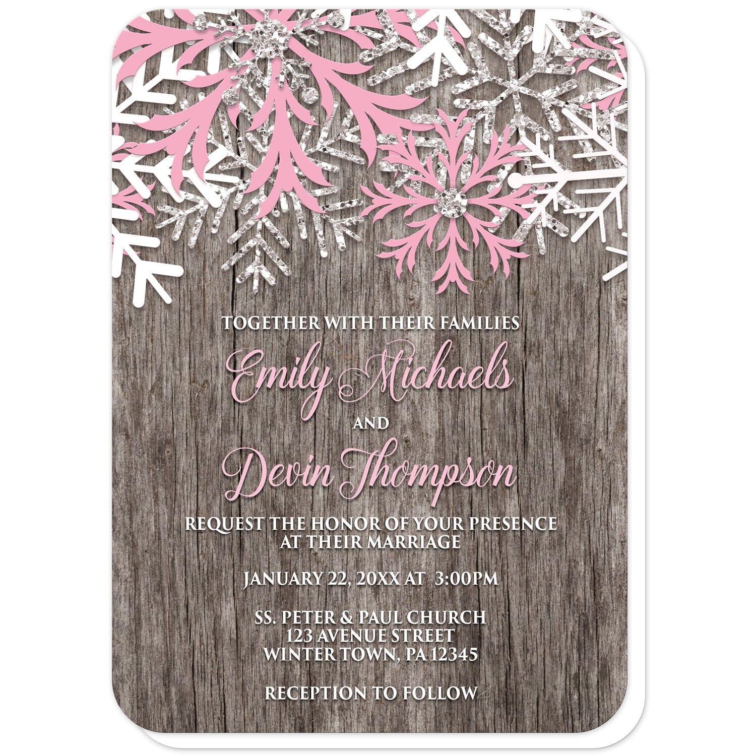 Rustic Winter Wood Pink Snowflake Wedding Invitations (with rounded corners) at Artistically Invited. Country-inspired rustic winter wood pink snowflake wedding invitations designed with pink, white, and silver-colored glitter-illustrated snowflakes along the top over a rustic wood pattern illustration. Your personalized marriage celebration details are custom printed in pink and white over the wood background below the snowflakes.