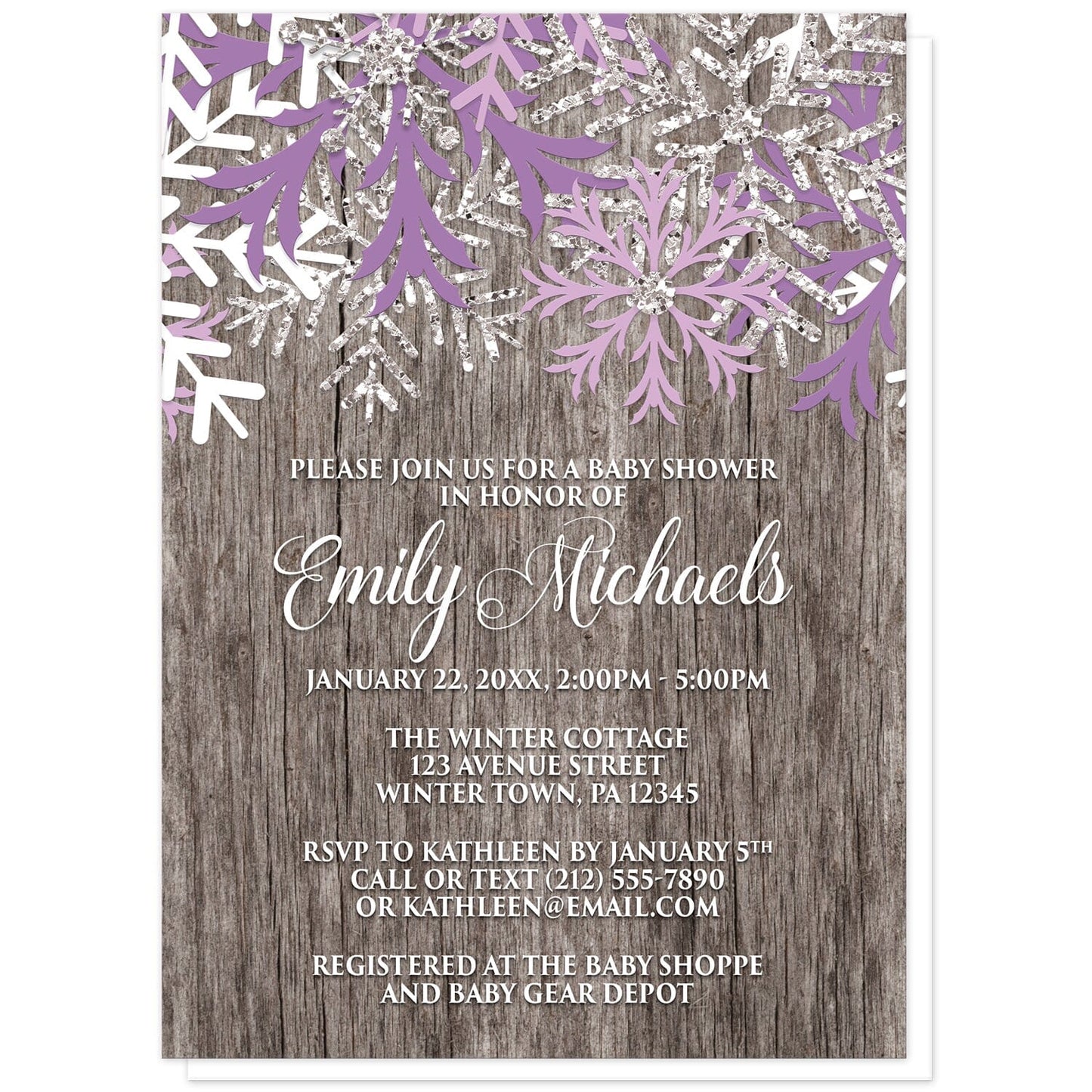 Rustic Winter Wood Purple Snowflake Baby Shower Invitations at Artistically Invited. Country-inspired rustic winter wood purple snowflake baby shower invitations designed with purple, light purple, white, and silver-colored glitter-illustrated snowflakes along the top over a rustic wood pattern illustration. Your personalized baby shower celebration details are custom printed in white over the wood background below the snowflakes.