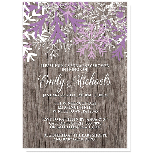 Rustic Winter Wood Purple Snowflake Baby Shower Invitations at Artistically Invited. Country-inspired rustic winter wood purple snowflake baby shower invitations designed with purple, light purple, white, and silver-colored glitter-illustrated snowflakes along the top over a rustic wood pattern illustration. Your personalized baby shower celebration details are custom printed in white over the wood background below the snowflakes.