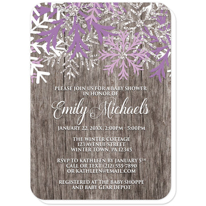 Rustic Winter Wood Purple Snowflake Baby Shower Invitations (with rounded corners) at Artistically Invited. Country-inspired rustic winter wood purple snowflake baby shower invitations designed with purple, light purple, white, and silver-colored glitter-illustrated snowflakes along the top over a rustic wood pattern illustration. Your personalized baby shower celebration details are custom printed in white over the wood background below the snowflakes.