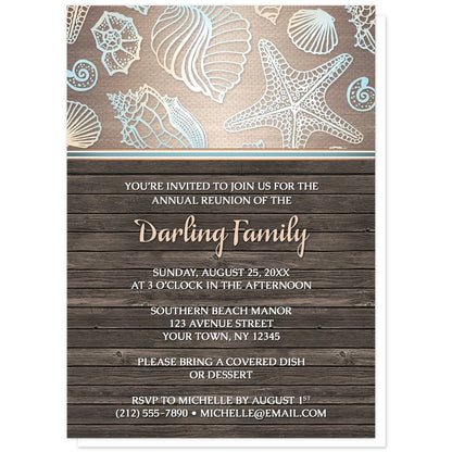 Rustic Wood Beach Seashell Family Reunion Invitations at Artistically Invited. Rustic wood beach seashell family reunion invitations with a blue, orange, and white seashell outline pattern over a gradient sandy canvas texture illustration at the top. Your personalized reunion celebration details are custom printed in white and light orange over a brown wood background below the seashells.