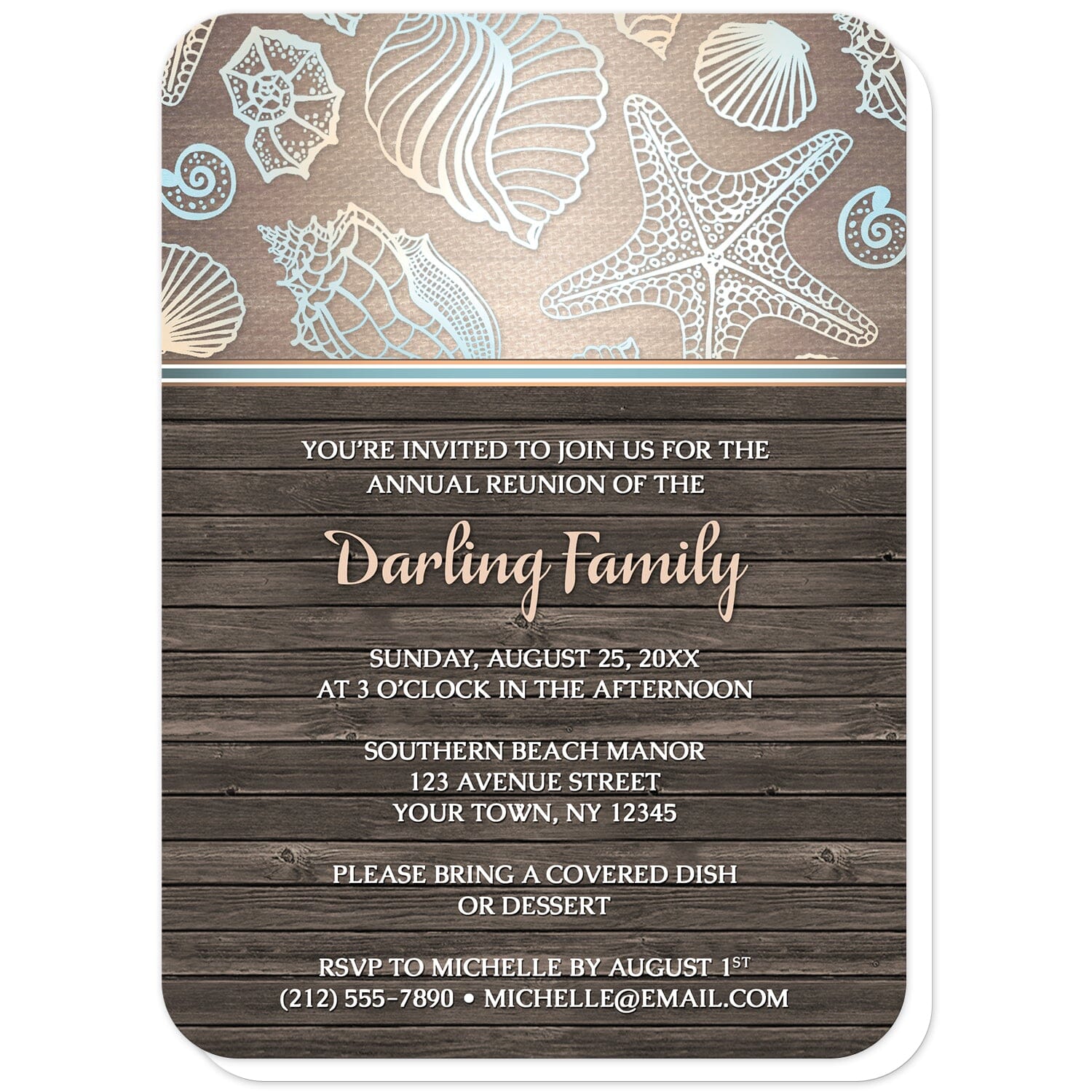 Rustic Wood Beach Seashell Family Reunion Invitations (with rounded corners) at Artistically Invited. Rustic wood beach seashell family reunion invitations with a blue, orange, and white seashell outline pattern over a gradient sandy canvas texture illustration at the top. Your personalized reunion celebration details are custom printed in white and light orange over a brown wood background below the seashells.