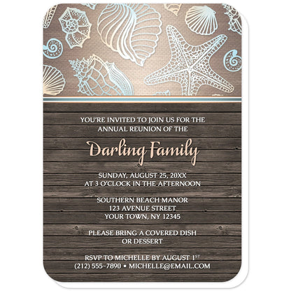 Rustic Wood Beach Seashell Family Reunion Invitations (with rounded corners) at Artistically Invited. Rustic wood beach seashell family reunion invitations with a blue, orange, and white seashell outline pattern over a gradient sandy canvas texture illustration at the top. Your personalized reunion celebration details are custom printed in white and light orange over a brown wood background below the seashells.