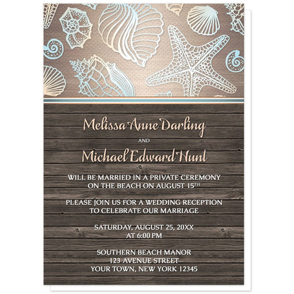 Rustic Wood Beach Seashell Reception Only Invitations at Artistically Invited. Rustic wood beach seashell reception only invitations with a blue, orange, and white seashell outline pattern over a gradient sandy canvas texture illustration at the top. Your personalized post-wedding reception details are custom printed in white and light orange over a brown wood background below the seashells.