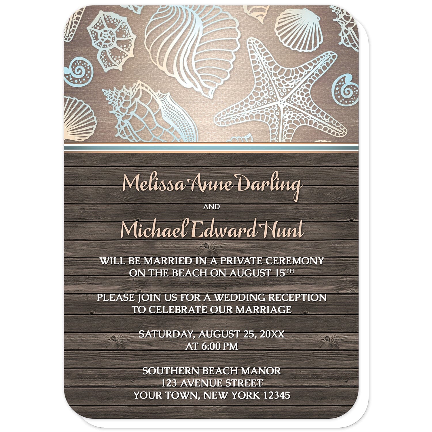 Rustic Wood Beach Seashell Reception Only Invitations (with rounded corners) at Artistically Invited. Rustic wood beach seashell reception only invitations with a blue, orange, and white seashell outline pattern over a gradient sandy canvas texture illustration at the top. Your personalized post-wedding reception details are custom printed in white and light orange over a brown wood background below the seashells.