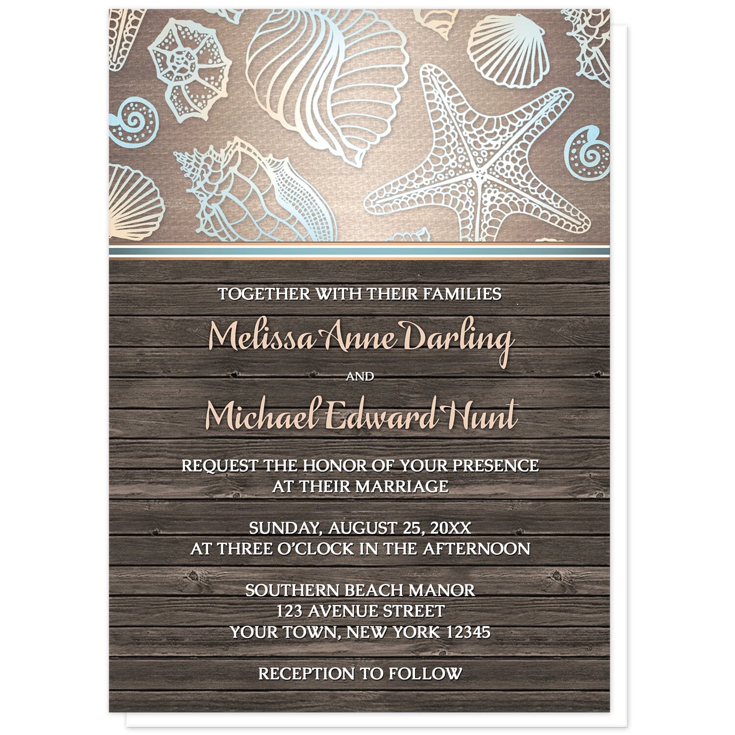 Rustic Wood Beach Seashell Wedding Invitations at Artistically Invited. Rustic wood beach seashell wedding invitations with a blue, orange, and white seashell outline pattern over a gradient sandy canvas texture illustration at the top. Your personalized marriage celebration details are custom printed in white and light orange over a brown wood background below the seashells.