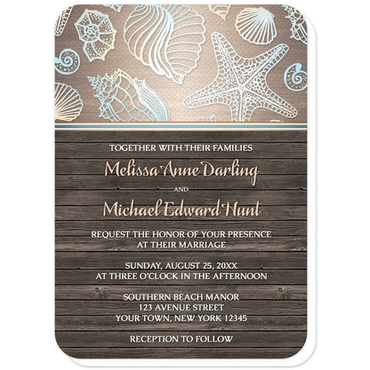 Rustic Wood Beach Seashell Wedding Invitations (with rounded corners) at Artistically Invited. Rustic wood beach seashell wedding invitations with a blue, orange, and white seashell outline pattern over a gradient sandy canvas texture illustration at the top. Your personalized marriage celebration details are custom printed in white and light orange over a brown wood background below the seashells.