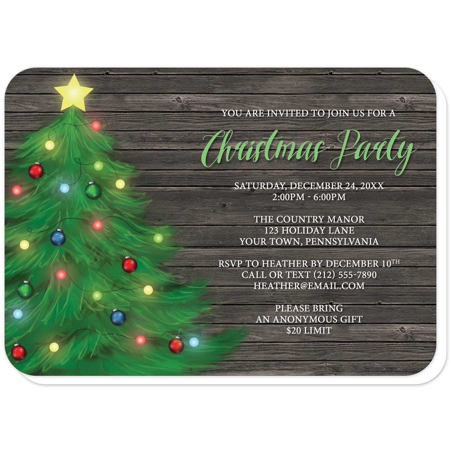 Rustic Wood Holiday Tree Christmas Party Invitations (with rounded corners) at Artistically Invited. Uniquely-illustrated rustic wood holiday tree Christmas party invitations with a whimsical holiday tree illustration on the lefts side featuring lights and ornaments and topped with a yellow star. Your personalized Christmas party details are custom printed in a green script font for your celebration title and an all-capital letters white font for the remaining details over a rustic wood background. 