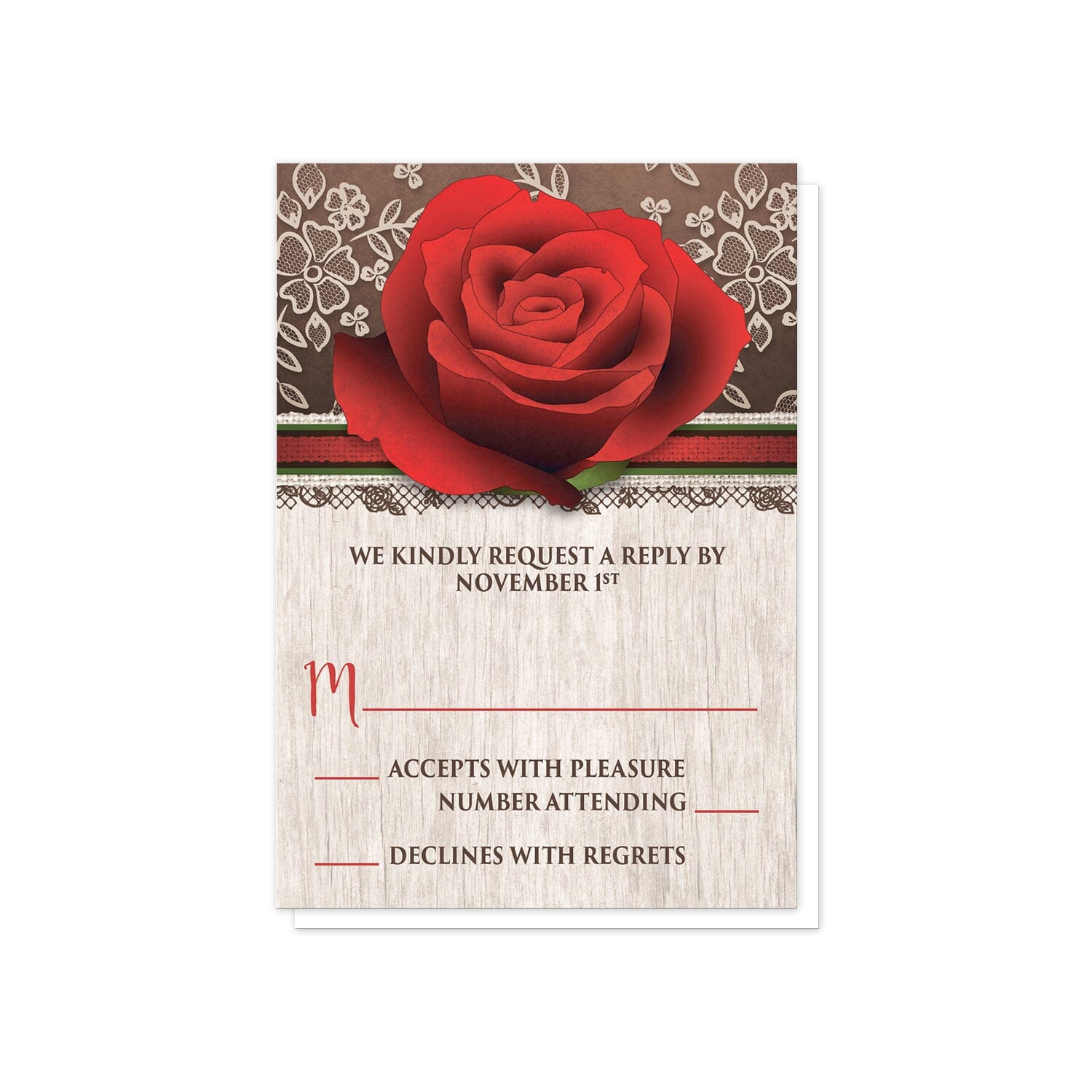 Rustic Wood Lace Red Rose RSVP Cards at Artistically Invited. Beautiful rustic wood lace red rose wedding invitations with a lovely large red rose illustration over a rich brown background with a cream lace design at the top of the invitations. Your personalized RSVP date details are custom printed in red and brown over a light wood pattern background below the red rose.
