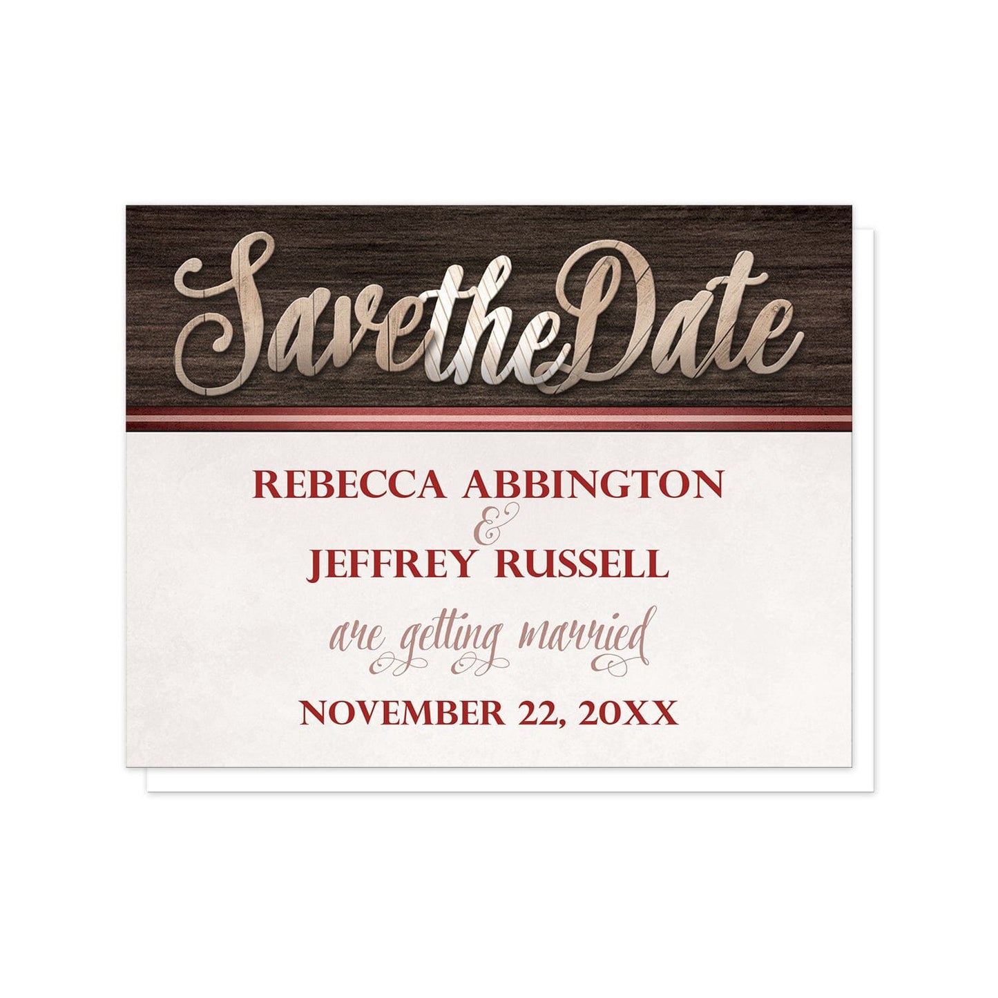 Rustic Wood Lettering with Red Save the Date Cards at Artistically Invited. Rustic wood lettering with red save the date cards designed with "Save the Date" in a wooden letters illustration over a dark wood background along the top. Your personalized wedding date details are custom printed in red and light brown over a beige background below the wooden letter illustration. 