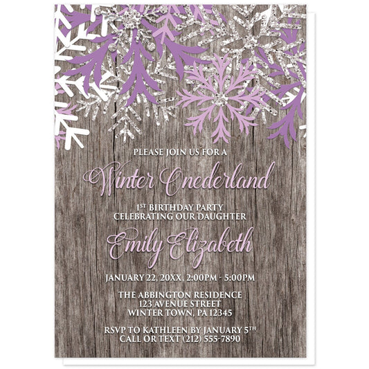 Rustic Wood Purple Snowflake Winter Onederland Invitations at Artistically Invited. Country-inspired rustic wood purple snowflake Winter Onederland invitations designed with purple, light purple, white, and silver-colored glitter-illustrated snowflakes along the top over a rustic wood illustration. Your personalized 1st Birthday party details are custom printed in light purple and white over the rustic wood background below the snowflakes. 