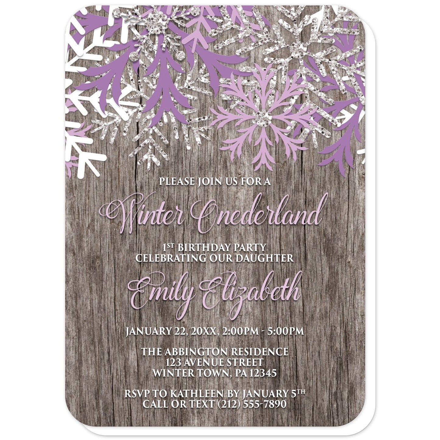 Rustic Wood Purple Snowflake Winter Onederland Invitations (with rounded corners) at Artistically Invited. Country-inspired rustic wood purple snowflake Winter Onederland invitations designed with purple, light purple, white, and silver-colored glitter-illustrated snowflakes along the top over a rustic wood illustration. Your personalized 1st Birthday party details are custom printed in light purple and white over the rustic wood background below the snowflakes. 