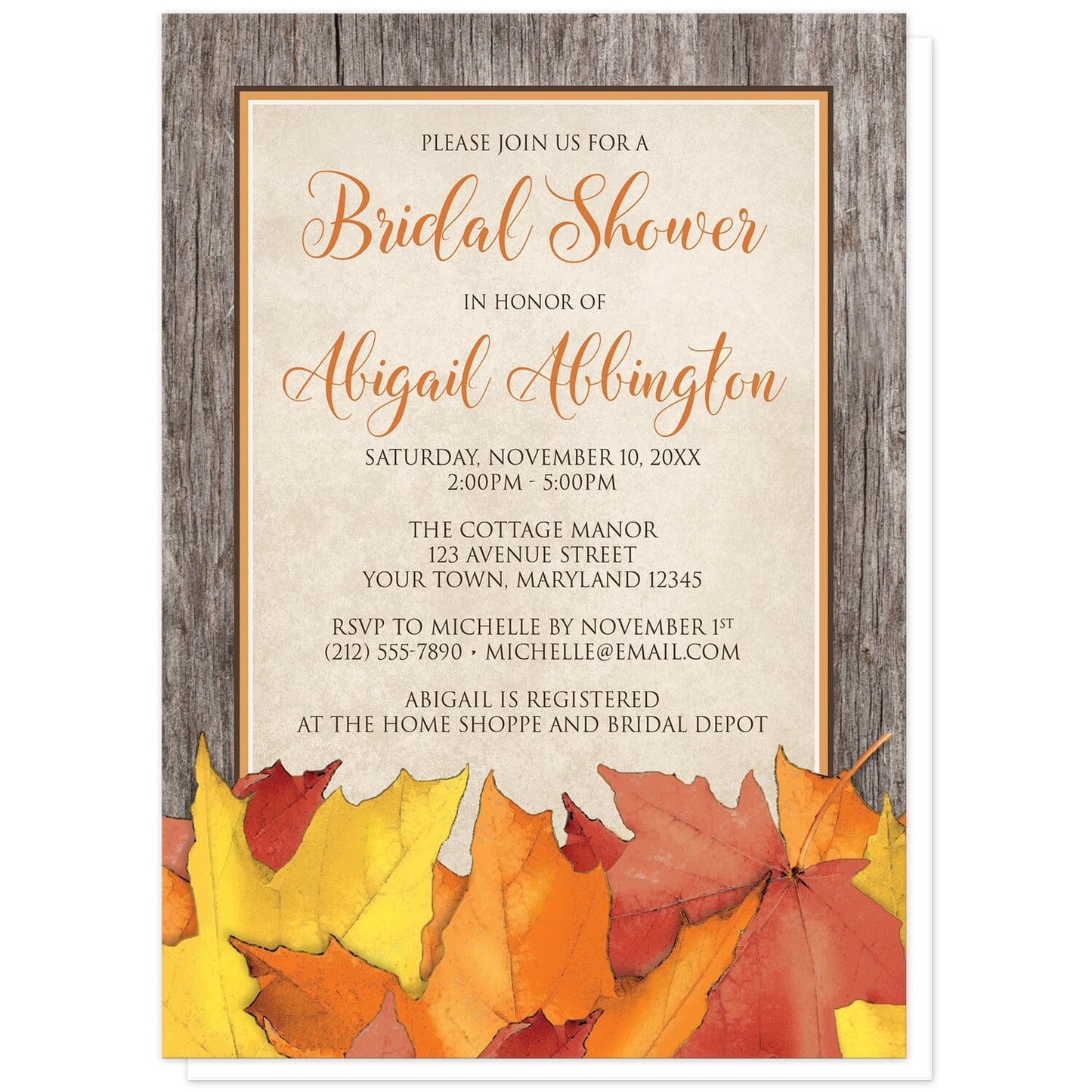 Rustic Wood and Leaves Fall Bridal Shower Invitations at Artistically Invited. Country-inspired rustic wood and leaves fall bridal shower invitations with an arrangement of rustic yellow, orange, and red autumn leaves along the bottom. Your personalized bridal shower celebration details are custom printed in orange and brown over a beige parchment center frame area, outlined in orange and brown, with a brown wood border design. 