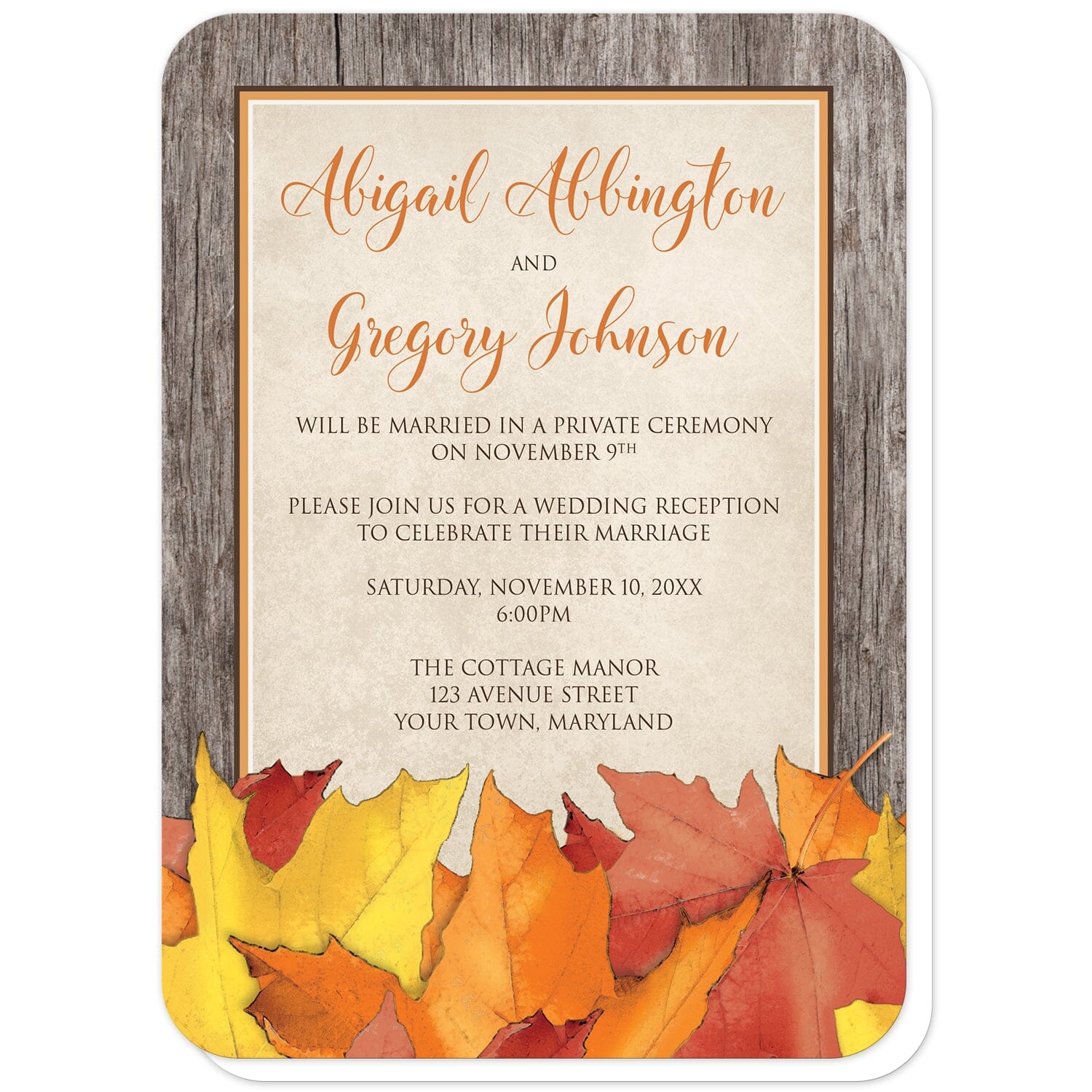Rustic Wood and Leaves Fall Reception Only Invitations (with rounded corners) at Artistically Invited. Country-inspired rustic wood and leaves fall reception only invitations with an arrangement of rustic yellow, orange, and red autumn leaves along the bottom. Your personalized post-wedding reception details are custom printed in orange and brown over a beige parchment center frame area, outlined in orange and brown, with a brown wood border design. 