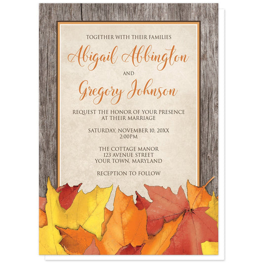 Rustic Wood and Leaves Fall Wedding Invitations at Artistically Invited. Country-inspired rustic wood and leaves fall wedding invitations with an arrangement of rustic yellow, orange, and red autumn leaves along the bottom. Your personalized marriage celebration details are custom printed in orange and brown over a beige parchment center frame area, outlined in orange and brown, with a brown wood border design. 
