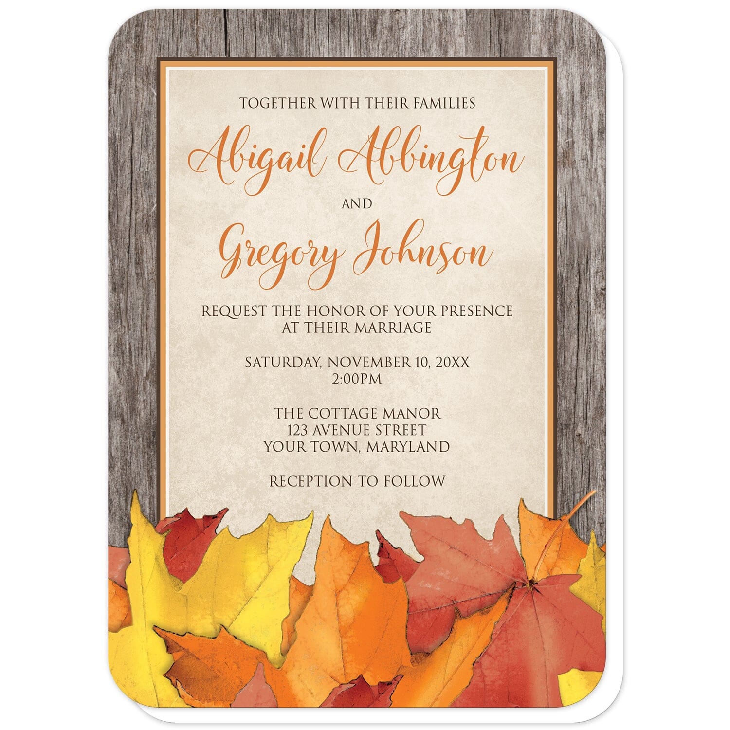 Rustic Wood and Leaves Fall Wedding Invitations (with rounded corners) at Artistically Invited. Country-inspired rustic wood and leaves fall wedding invitations with an arrangement of rustic yellow, orange, and red autumn leaves along the bottom. Your personalized marriage celebration details are custom printed in orange and brown over a beige parchment center frame area, outlined in orange and brown, with a brown wood border design. 