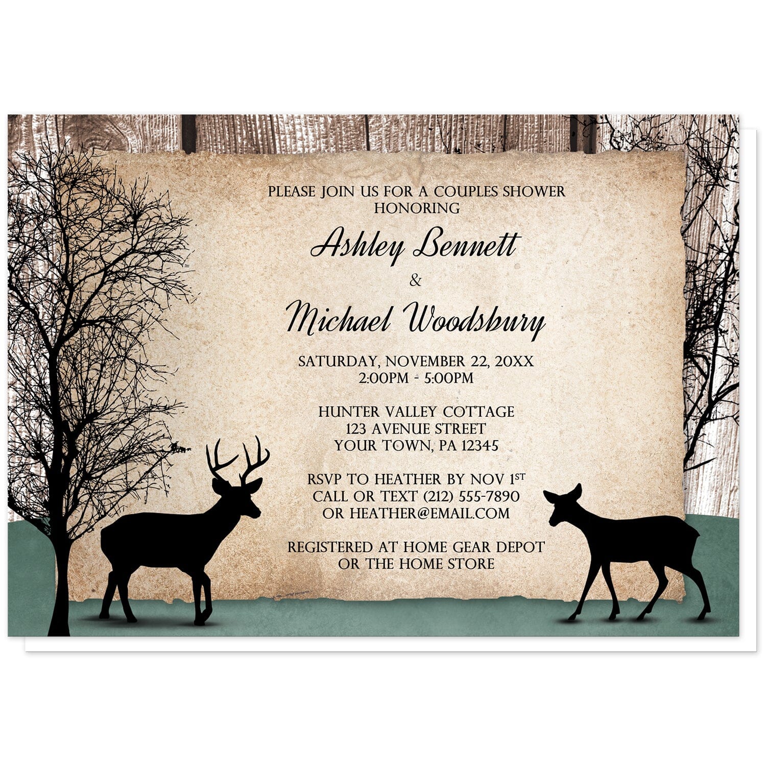 Rustic Woodsy Deer Couples Shower Invitations at Artistically Invited. Rustic woodsy deer couples shower invitations designed with silhouettes of a buck deer with antlers, a doe, and winter trees over a wood brown background and a faded hunter green design along the bottom. Your personalized couples shower celebration details are custom printed in black over a tattered rustic paper illustration between the deer.
