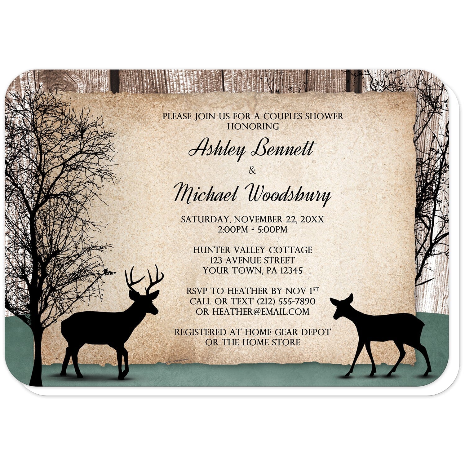 Rustic Woodsy Deer Couples Shower Invitations (with rounded corners) at Artistically Invited. Rustic woodsy deer couples shower invitations designed with silhouettes of a buck deer with antlers, a doe, and winter trees over a wood brown background and a faded hunter green design along the bottom. Your personalized couples shower celebration details are custom printed in black over a tattered rustic paper illustration between the deer.