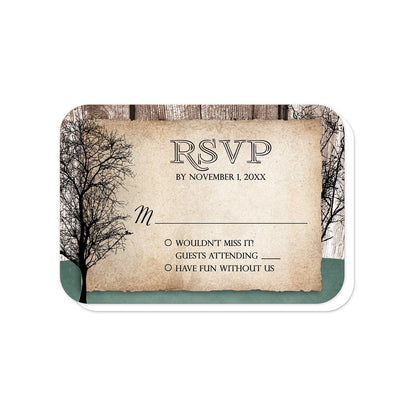 Rustic Woodsy Deer RSVP cards (with rounded corners) at Artistically Invited. Rustic woodsy deer vow renewal invitations designed with silhouettes of a buck deer with antlers, a doe, and winter trees over a wood brown background and a faded hunter green design along the bottom. Your personalized RSVP date details are custom printed in black over a tattered rustic paper illustration between the deer.