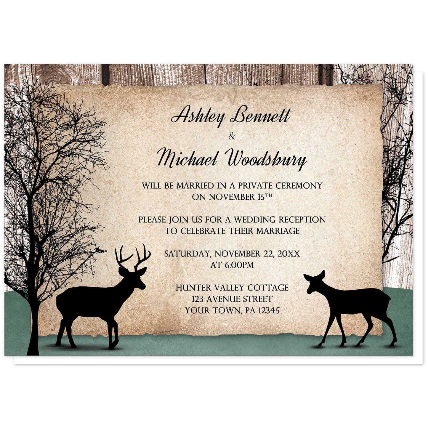 Rustic Woodsy Deer Reception Only Invitations at Artistically Invited. Rustic woodsy deer reception only invitations designed with silhouettes of a buck deer with antlers, a doe, and winter trees over a wood brown background and a faded hunter green design along the bottom. Your personalized post-wedding reception details are custom printed in black over a tattered rustic paper illustration between the deer.