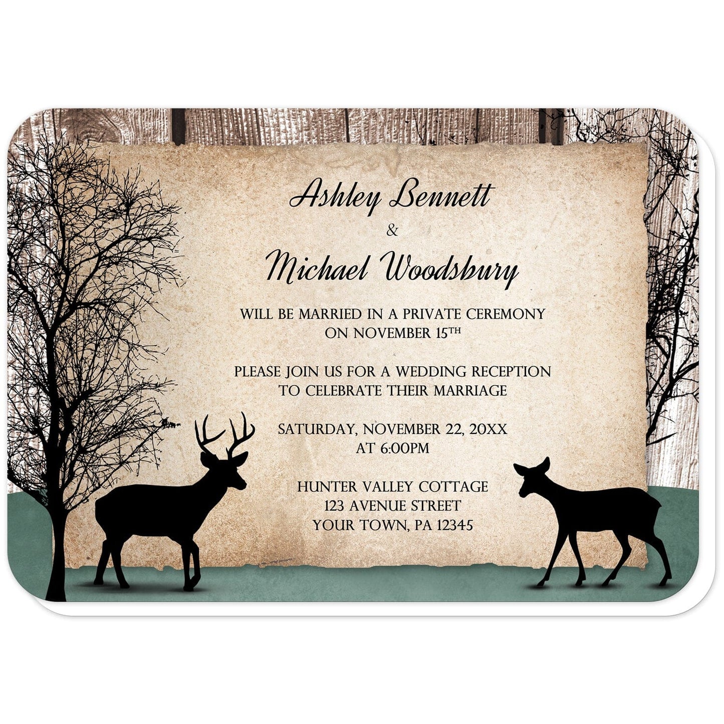 Rustic Woodsy Deer Reception Only Invitations (with rounded corners) at Artistically Invited. Rustic woodsy deer reception only invitations designed with silhouettes of a buck deer with antlers, a doe, and winter trees over a wood brown background and a faded hunter green design along the bottom. Your personalized post-wedding reception details are custom printed in black over a tattered rustic paper illustration between the deer.