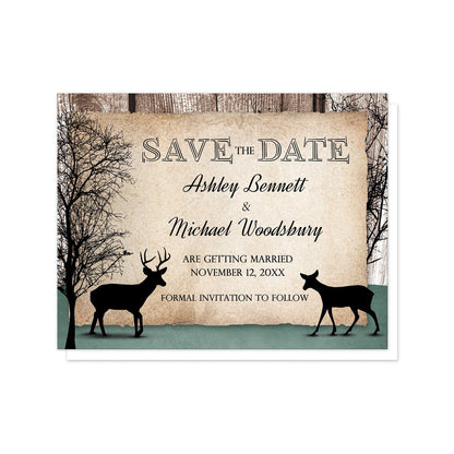 Rustic Woodsy Deer Save the Date Cards at Artistically Invited. Rustic woodsy deer save the date cards designed with silhouettes of a buck deer with antlers, a doe, and winter trees over a wood brown background and a faded hunter green design along the bottom. Your personalized wedding date details are custom printed in black over a tattered rustic paper illustration between the deer.